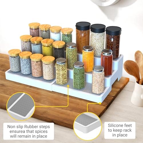 YAN & HIN Expandable Spice Rack Organizer for Cabinet (2 Pack), 3-Tier Tiered Spice Shelf Organizer with Non-Skid Surface, Adjustable Pantry Organizer for Spices, Cans & Medicine Cabinet 7