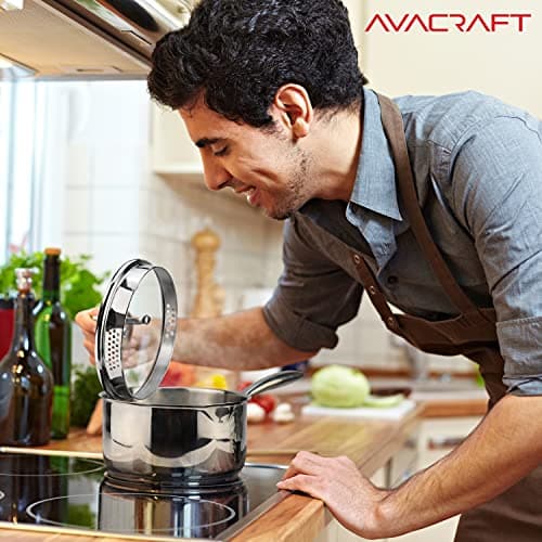 AVACRAFT Stainless Steel Saucepan with Glass Strainer Lid, Two Side Spouts for Easy Pour with Ergonomic Handle, Multipurpose Sauce Pot (5-Ply Capsule Bottom, 2.5 Quart) 7