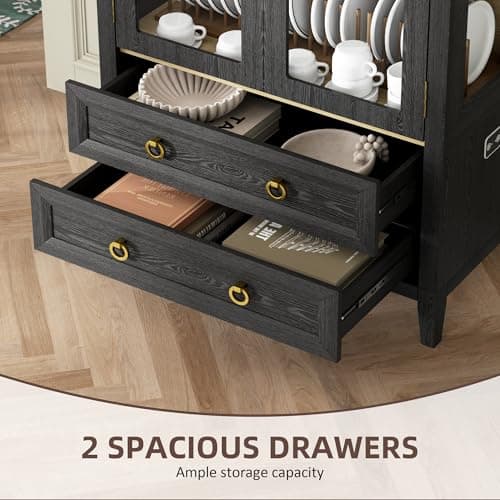 Vlsrka 71" Arched Curio Cabinet with Glass Doors, 4-Shelves Display Cabinet and 2 Drawers, Display Case with 3 Color Lights, Tall Bookcase, Kitchen Pantry, Black+Wood 7