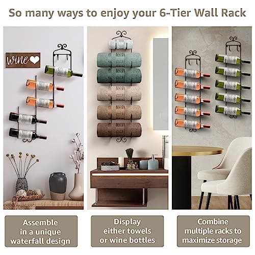 Sorbus Towel Rack Wall Mounted – Metal Towel Holder for Bathroom Wall, Washcloth, Rolled Bath Towels, Spa, Gym, Camper Rv, Shelf Cabinet - 6 Level Wine Rack Wall Mounted for Kitchen Bar, Wine Cellar 6