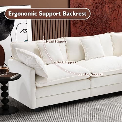 Ihanherry 111.4" L Shaped Modern Sofa Modular Sectional Cloud Couch with Ottoman, 4-Seat Chenille Deep Seat Sofa with Pillow for Living Room, Bedroom and Apartment, Beige 7