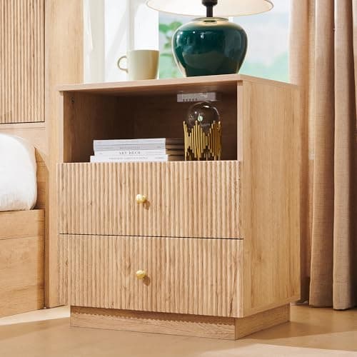 wow97e Fluted Night Stand with Charging Station, 21.65" Nightstand with Drawer/Open Shelves, 2 Drawer Dresser for Bedroom, Morden End Table Bedside Table for Bedroom, Living Room, Natural