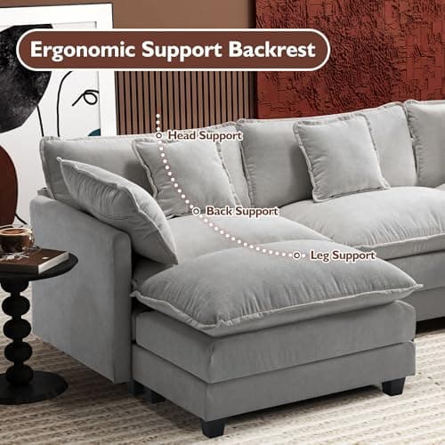 Ihanherry 111.4" U Shaped Modern Cloud Sofa Modular Sectional Couch with 2 Ottoman, 5-Seat Chenille Deep Seat Sofa with Pillow for Living Room, Bedroom and Apartment, Grey 7