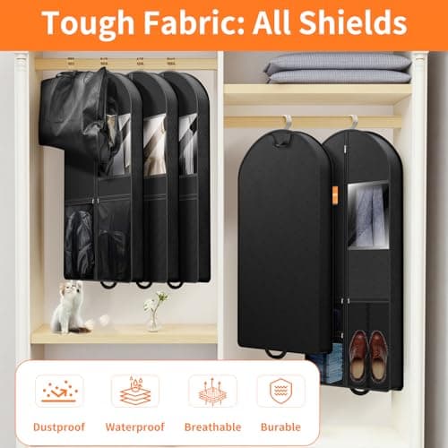 Suit Garment Clothes Travel Bag: 43 inch Lightweight Foldable Black Short Fabric Breathable - Hanging Storage Cover Pockets Zipper for Men - Wardrobe Carry Coat Jacket Uniform Tuxedo Shirt 5