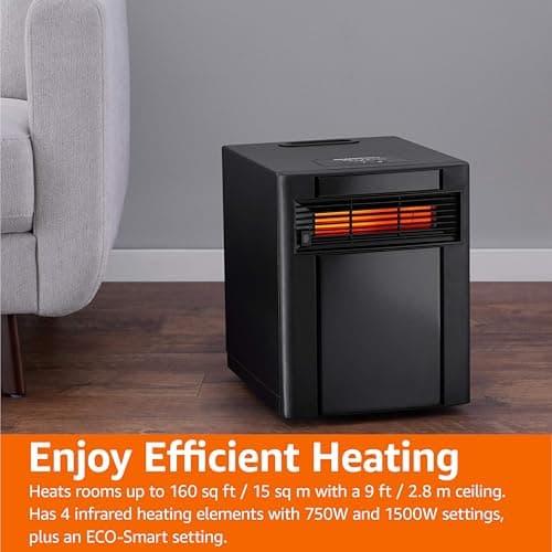 Amazon Basics Portable Space Heater with Remote Control, Adjustable Thermostat, Indoor Use, Energy-Saving Setting, LED Display 1500W, 11.4"D x 14.5"W x 14.7"H, Black 7