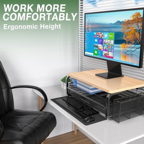 Qatsrin High Grade Wood Monitor Stand Riser, Large Capacity Monitor Stand with Drawer, Monitor Stand for Desk with Plug Holder Pen Holder, Monitor Riser Desk Organizer for Laptop iMac, Original Wood 5