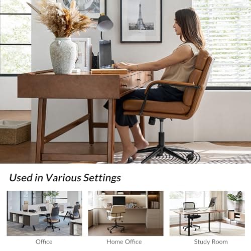 HULALA HOME Modern Faux Leather Home Office Chair with Tilt Lock & Metal Base, Desk Chair with Wheels & Padded Cushion, 360° Swivel Wide Seat Computer Task Chair, Camel 6