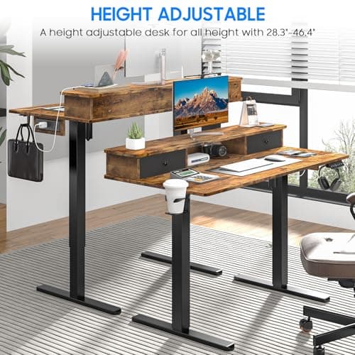 Vabches Electric Standing Desk Adjustable Height, LED Stand Up Desk with Drawers and Charging Station 48 Inch Ergonomic Sit Stand Table with Storage Uplift Workstation for Home Office (Rustic Brown) 5