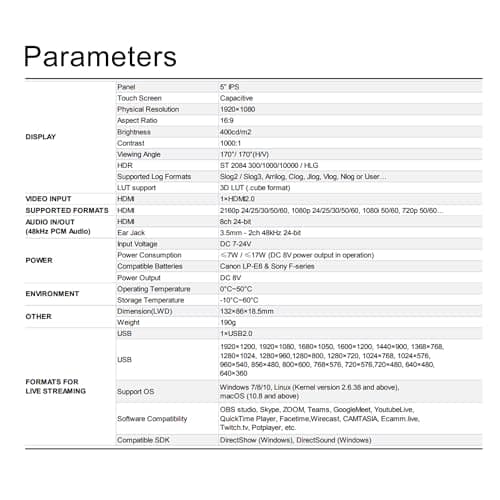 VIDEOGEAR 5” FHD Field Monitor 3D-LUT & HDR for DSLR Cameras, On Camera Monitor with 4K HDMI 2.0 to USB3.0 Video Capture, 6