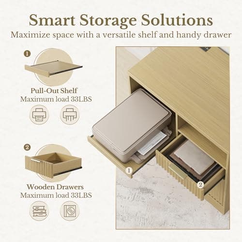 Perledesign 3 Drawer File Cabinet, Fluted Wood Lateral Filing Cabinet with Charging Station for Home Office, Fits for A4/Letter-Sized Files, Printer Stand with Open Storage Shelves, Light Walnut 5