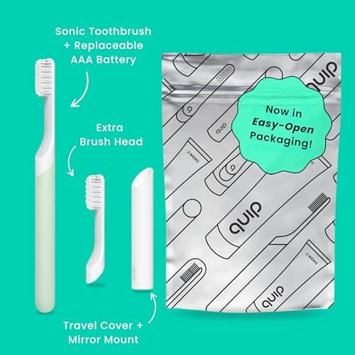 Quip Sonic Electric Toothbrush for Adults - Time Travel & Soft Bristles with Travel Case & Replacement Brush Head - 3 Month Battery Life, Plastic Handle - Sage 2