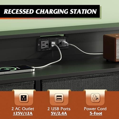 WLIVE Black Dresser TV Stand for 45, 50, 55 inch TV, Entertainment Center with LED Lights & Charging Station, Chest of drawers with 9 Fabric Drawers and Open Shelves for Living Room, Hallway, Wood Top 6