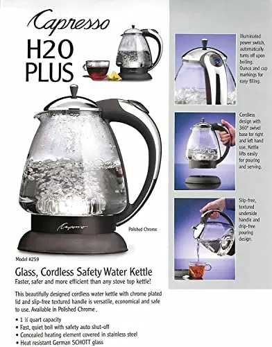 Capresso 259 Water Kettle, 10" x 8.25" x 6.25", Polished Chrome 4