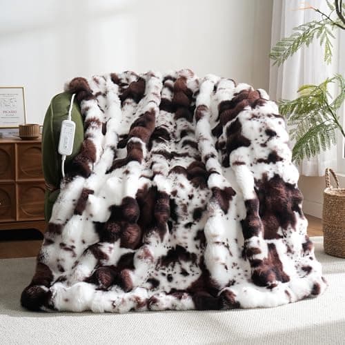 Cow Print Heating Throw Blankets Luxurious Western Soft Bubble Faux Rabbit Fur 8 Heat Settings Overheat Protection Quick Heating Electric Heated Blanket 50"x60"(Brown)