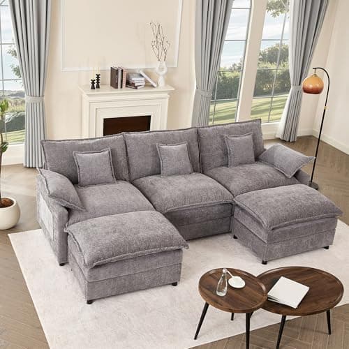GOSUHI 108" U Shaped Couch, Modular Sectional Sofa, 3-Seater Comfy Cloud Couch, Set of Modular Pieces with Movable Ottoman, Deep Seat Couches for Living Room, Chenille, Slate