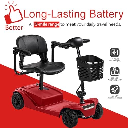 WayCare 15-25 Miles Long Range Mobility Scooter,Weight Capacity 300 LBS+ Powered Mobility Scooters for Seniors, Compact Duty Mobile for Travel with LED Headlight and Detachable Basket(Red) 5