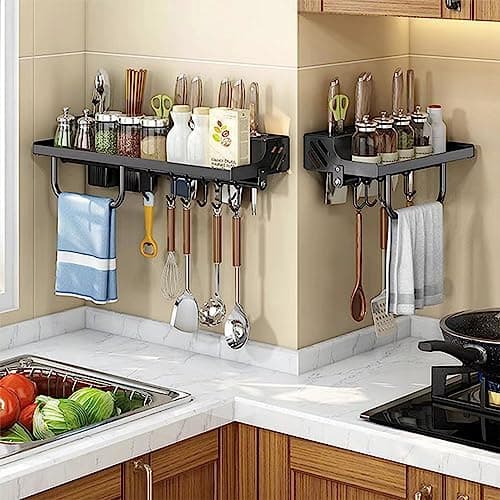 JRK Technology Hanging Spice Rack Wall Mount knife holder tool storage racks shelving units tableware shelf kitchen rack Stainless Steel spice organizer Rack wall mounted (11.8 Inch, Black) 5