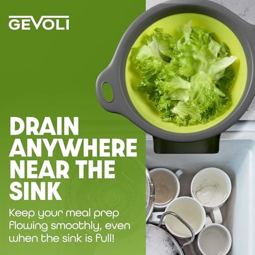 Gevoli Collapsible Colander Strainer, Includes Over-sink Countertop Draining Base (5QT) Large Kitchen Drainer for Vegetables Fruit and Pasta, Round Foldable Draining Basket, Easy Storage (White) 5