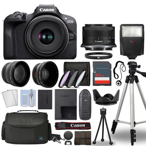 Canon EOS R100 Mirrorless Digital Camera Body Black with Canon RF-S 18-45mm f/4.5-6.3 is STM Lens 3 Lens Kit with Complete Accessory Bundle + Memory Card+ Flash & More- International Model (64gb Kit)