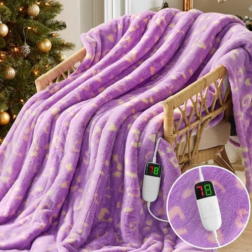 Leopard Print Heated Electric Blanket Throw,50X60 Purple Heating Blanket with 10 Heats Levels & 8 Hours Auto Off,Cute Cheetah Soft Fleece Sherpa Blankets Warmer Gifts for Women Washable 8