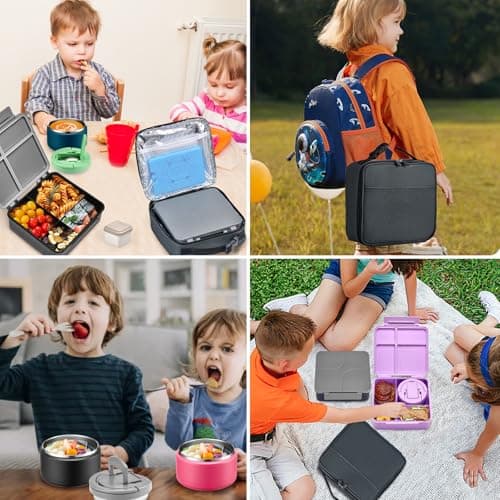 Bento Lunch Box with 8oz Soup Thermo,Kids Leakproof 4 Compartment Lunch Food Containers with Sauce Cup and Ice Pack,Kids Thermo Insulated Hot Food Jar and Lunch Bag for School,Trvael-Black 8