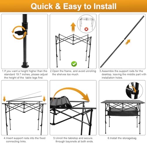 Audoyon Folding Camping Table, Outdoor Roll-up Table Height Adjustable & Portable Metal Camp Grill Table for Picnic, BBQ, Party, Backyard, Beach, Mesh Storage and Carry Bag (Ash Black, 37.4'' Large) 9