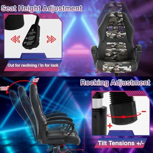 MGHH Computer Gaming Chair Office Ergonomic PC Chair Racing Chairs Writing Working High-Back PU Leather Swivel Adjustable Height Executive Chairs,Camo 5