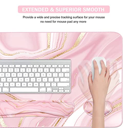 Keyboard Mouse Pad Set, Extended Mouse Pad+Keyboard Wrist Rest Support, Memory Foam Ergonomic Easy Typing, 3Pcs (35.4×15.7 in) Desk Pad Set for Home Office Study Game- Pink Gold 5