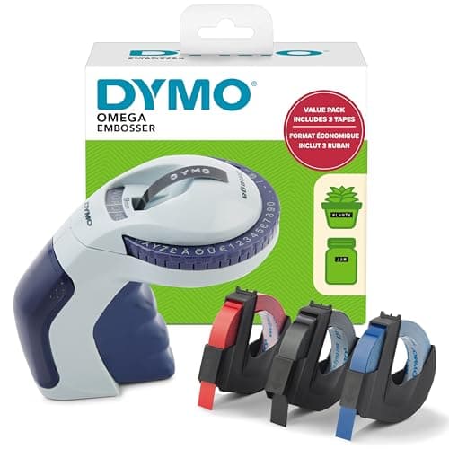 Dymo Embossing Label Maker with 3 Label Tapes | Omega Label Maker Starter Kit | Small, Ergonomic Design with Turn Click Wheel | for Home, DIY & Crafting (£/€, Ä, Ö & Ü)