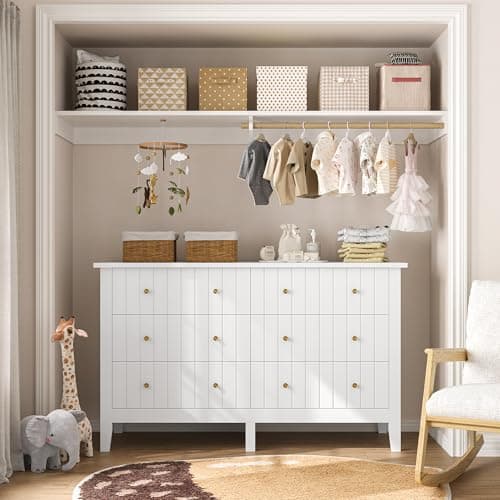 FOTOSOK White Dresser, Chest of Drawers, Modern 6 Drawer Double Dressers with Deep Drawers, Nursery Dresser for Baby, Wide Storage Organizer Cabinet for Living Room, Hallway,White 7