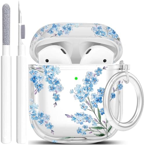 Wonjury Protective Clear Floral Case Cover with Cleaner Kit Portable Shockproof Women Girls with Keychain for Apple Airpods 2/1 Charging Case - Clear/Blue Flower