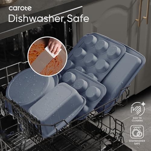 CAROTE 7-Piece Nonstick Stackable Baking Pans Set - Bakeware Sets Including Cookie Sheets for Baking, Muffin Pan, Bread Pan, Cake pan, Loaf Pan, Roasting Pan, Gray & Blue 6