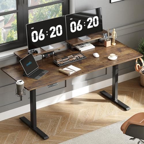 ONBRILL Standing Desk with 2 Adjustable Monitor Shelves, 63 x 24 Inches Electric Stand Up Desk with Memory Controller and Adjustable Height from 28-46 inches for Computer Workstations, Rustic Brown