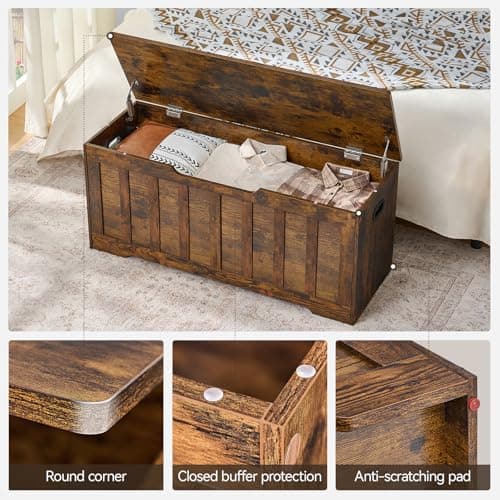 VANKILEY 43.3"Storage chest extra large,storage trunk with 2 safety Hinges,Wooden storage Bench,Shoe Bench,43.3x15.7x19.1 Inch,Easy Assembly,storage bench for bedroom,living room,entryway,Rustic Brown 6