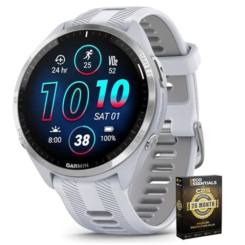 Garmin 010-02809-01 Forerunner 965 Running Smartwatch Whitestone and Powder Gray | Official USA Partner Model | Bundle with Deco Essentials Exclusive 26 Month CPS Enhanced Protection Pack