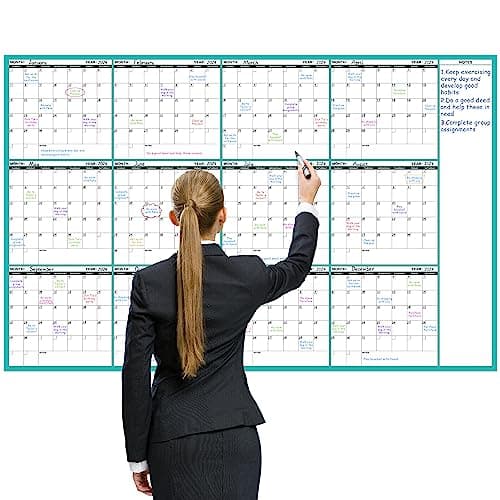 Large Dry Erase Calendar for Wall - Undated 12 Month Wall Calendar, 37”×58", Yearly Wall Calendar Dry Erase, Erasable & Reusable Calendar with 15 Round Stickers, Green Large Wall Calendar Dry Erase