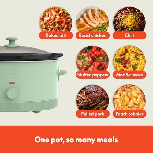 bella 6.0 Qt Manual Slow Cooker, Ceramic Nonstick Coating, 3 Temperature Settings, Dishwasher Safe Stoneware Pot and Tempered Glass Lid, Cool Touch Handles & Tangle Free Cord Wrap, Seaglass 5
