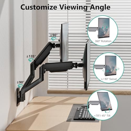 WALI Dual Monitor Wall Mount for 17 to 32 inch Screens, Monitor Wall Mounts for 2 Monitors, Holds up to 22 lbs, Fully Adjustable Gas Spring Monitor Arm,75x75/100x100 VESA Wall Mount (GSWM002), Black 5