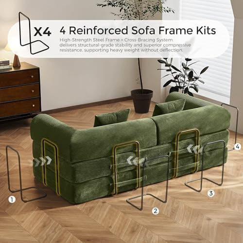 79" Convertible Sofa Bed with Fixed-Shape Frame & Removable Armrests, Modular Corduroy Sleeper Sofa, Folding Mattress Couch for Small Spaces - No Assembly Needed in Green (Includes 2 Pillows) 5