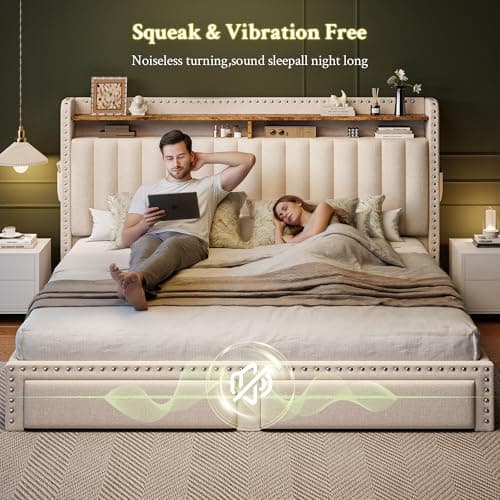 EnHomee King Size Bed Frame with 2 Storage Drawers & Upholstered Headboard,No Box Spring Needed, Easy Assembly, Noise Free, Beige 7