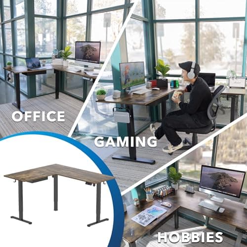 Mount-It! L Shaped Standing Desk 63" - Large Electric Corner Standing Desk, Height Adjustable Dual Motor Raises from 28.3" to 46.5", 3 Memory Settings, Black Steel Frame, Rustic Wood Tabletop 8