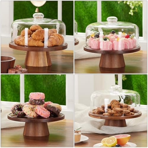 VIVIRBIEN Wooden Cake Stand with Lid, Acacia Cake Stand with Glass Dome, 11-Inch Versatile Dessert Stand with Strong Magnetic Pedestal, Cake Holder for Birthday/Kitchen/Party/Charcuterie 7