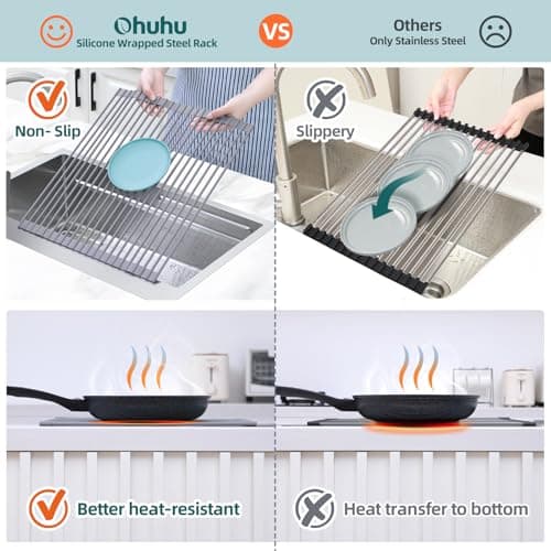 Ohuhu Over Sink Dish Drying Rack, Silicone Wrapped 17.6" W x 15.4" L Large Over The Sink Roll Up Dish Drainer - Foldable Sink Drying Rack Rolling Drain Mats Anti-Slip Multipurpose for Kitchen Counter 5
