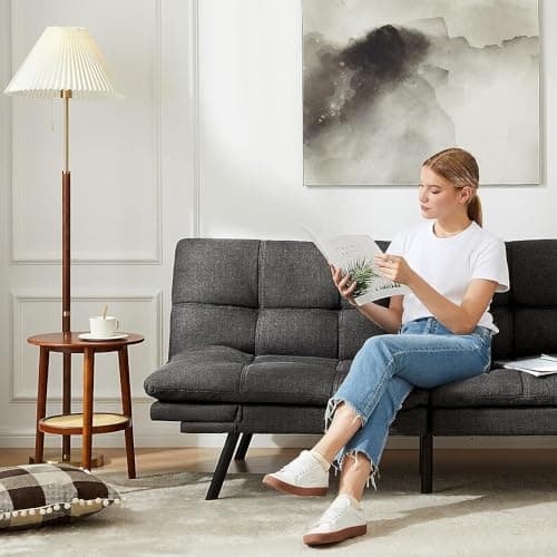 Sweetcrispy Sofa Couch, Futon Sofa Bed, Loveseat Sleeper Futon for Living Room, Foldable Memory Foam Furniture, Convertible Full Size Sofa, Adjustable Backrest and Armrests, Linen, Grey 2