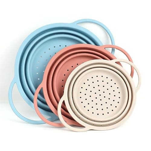 Silicone Colander Set – Collapsible Platinum Silicone Strainer with Stainless Steel Rim, Space-Saving & Heat-Resistant, Dishwasher Safe, BPA-Free by SelectShen™ (3 Pack)