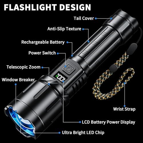 KNIBO Rechargeable Flashlight 99000 High Lumens, LED Super Bright Flash Light, Tactical Flashlights with LCD Power Display, 6 Modes, Waterproof, Brightest Flashlight for Emergencies Camping 8