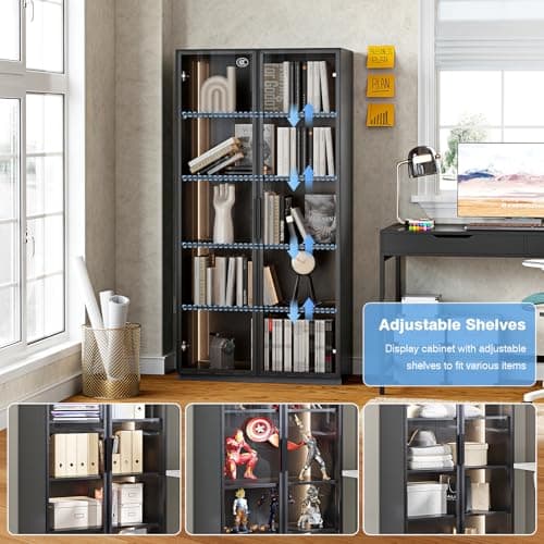 PEUKC Display Cabinet with Glass Doors, Curio Cabinets with Adjustable Shelves, Glass Cabinet Case for Home, Office, Clinic, Pantry, Assemble Required (Deep Grey, 63 in - LED Lights) 6