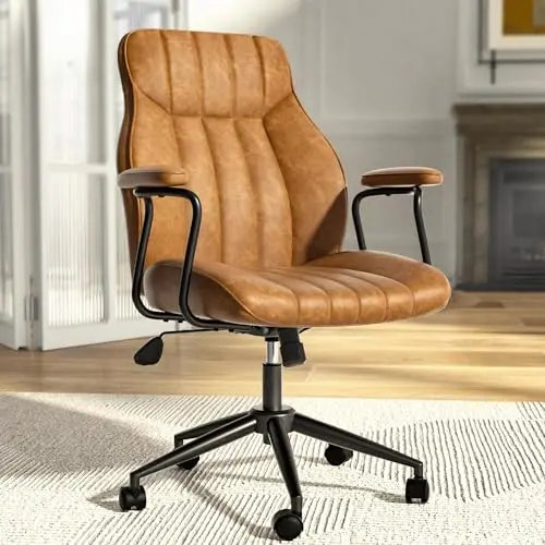 Bananister Brown Leather Office Desk Chair with Wheels and Arms, Height Adjustable, Vintage, Mid Century Modern Style