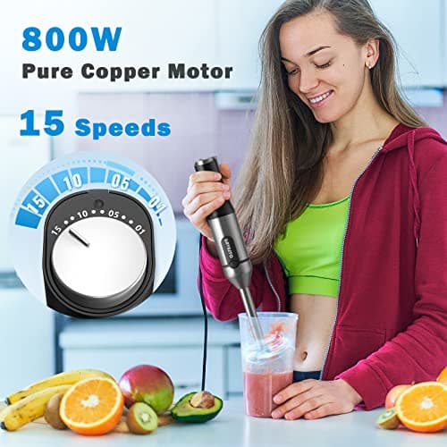 Gavasto Immersion Blender 800 Watts Scratch Resistant Hand Blender,15 Speed and Turbo Mode Hand Mixer, Heavy Duty Copper Motor Stainless Steel Smart Stick with Egg Beaters and Chopper/Food Processor 9