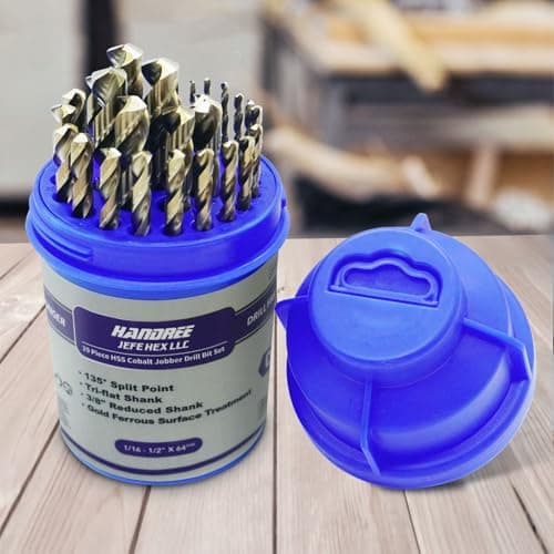 JEFE HEX 29 PCS M35 Cobalt Drill Bit Set, HSS Twist Jobber Drill Bits with 135 Degrees Split Point and Three-Flat Shank, 3/8” Reduced Shank, Gold Oxide Metal Drill Bits Set (1/16” - 1/2” x 1/64”)